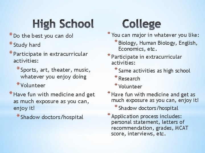 * Do the best you can do! * Study hard * Participate in extracurricular