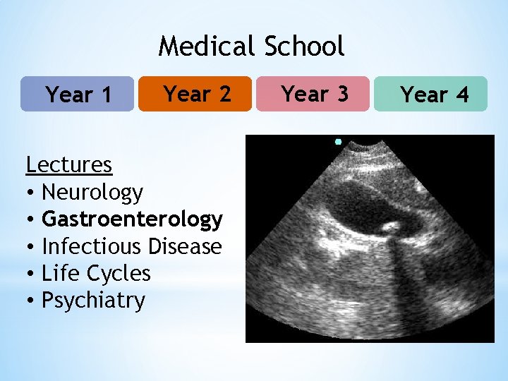 Medical School Year 1 Year 2 Lectures • Neurology • Gastroenterology • Infectious Disease