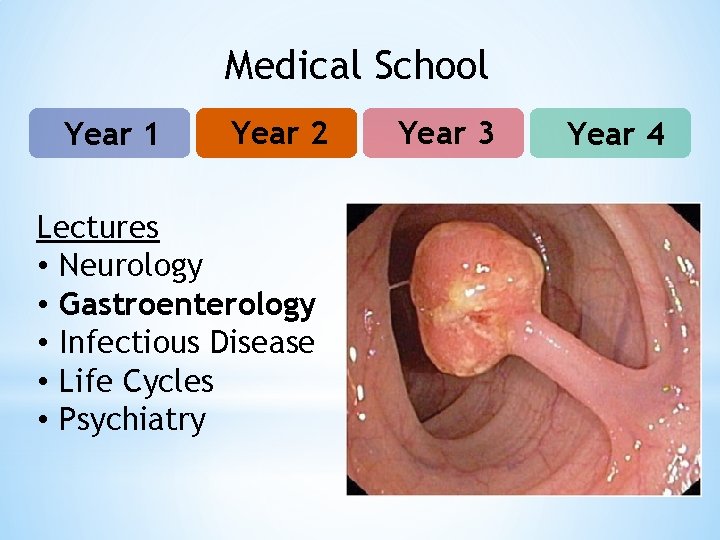 Medical School Year 1 Year 2 Lectures • Neurology • Gastroenterology • Infectious Disease