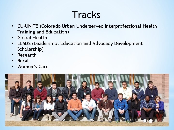 Tracks • CU-UNITE (Colorado Urban Underserved Interprofessional Health Training and Education) • Global Health