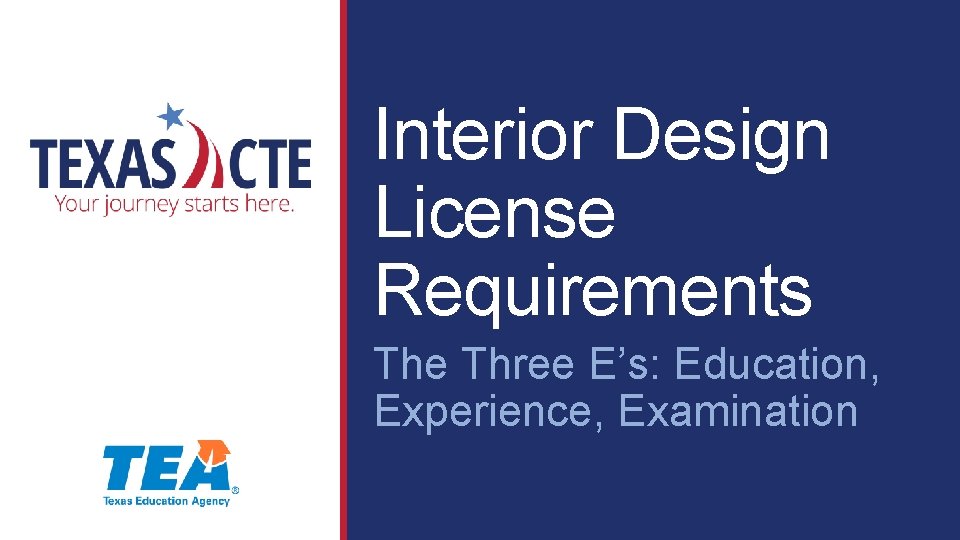 Interior Design License Requirements The Three E’s: Education, Experience, Examination 