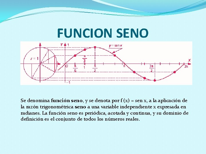 FUNCION SENO Se denomina función seno, y se denota por f (x) = sen