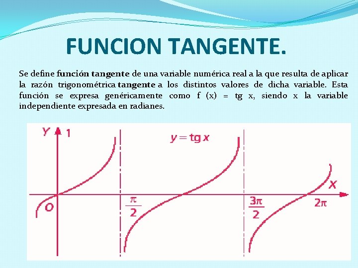 FUNCION TANGENTE. Se define función tangente de una variable numérica real a la que