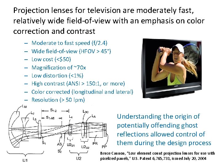 Projection lenses for television are moderately fast, relatively wide field-of-view with an emphasis on