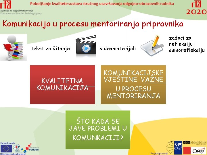 Komunikacija u procesu mentoriranja pripravnika tekst za čitanje KVALITETNA KOMUNIKACIJA videomaterijali KOMUNIKACIJSKE VJEŠTINE VAŽNE