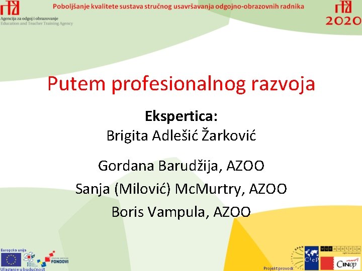 Putem profesionalnog razvoja Ekspertica: Brigita Adlešić Žarković Gordana Barudžija, AZOO Sanja (Milović) Mc. Murtry,