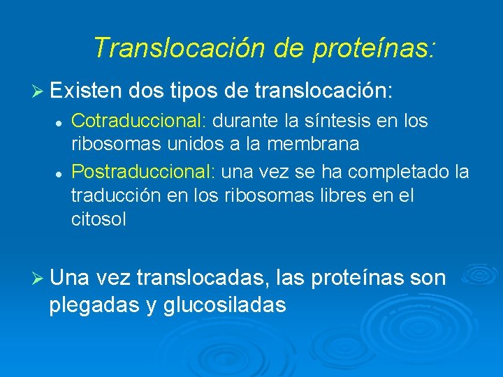 Translocación de proteínas: Ø Existen dos tipos de translocación: l l Cotraduccional: durante la Translocación de proteínas: Ø Existen dos tipos de translocación: l l Cotraduccional: durante la