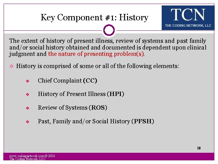 Key Component #1: History The extent of history of present illness, review of systems