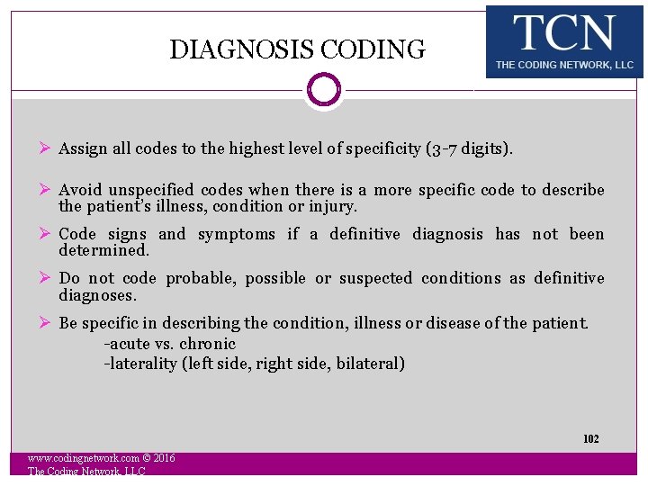 DIAGNOSIS CODING Assign all codes to the highest level of specificity (3 -7 digits).