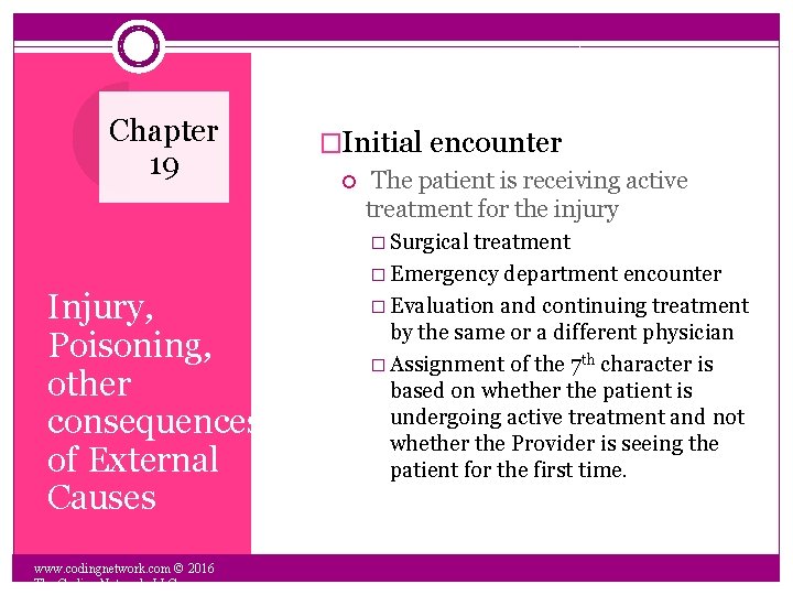Chapter 19 �Initial encounter The patient is receiving active treatment for the injury �