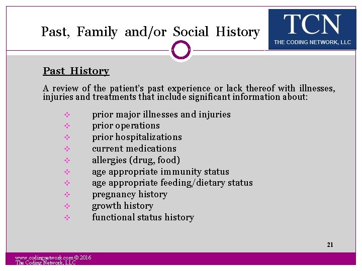 Past, Family and/or Social History Past History A review of the patient’s past experience