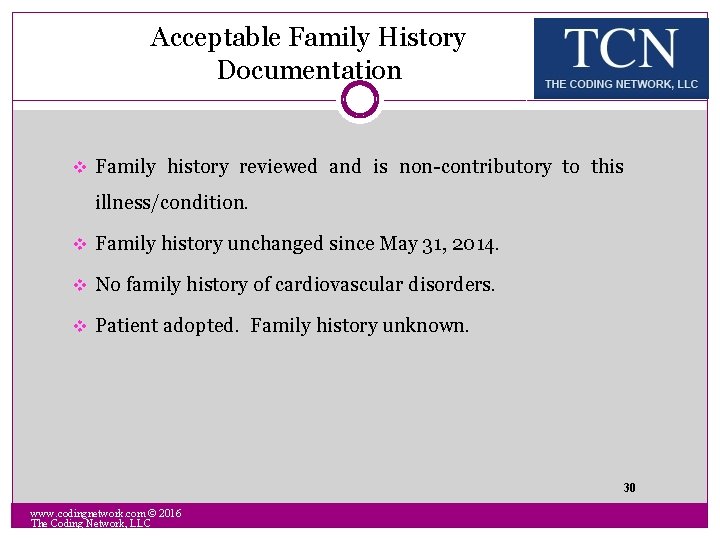 Acceptable Family History Documentation v Family history reviewed and is non-contributory to this illness/condition.