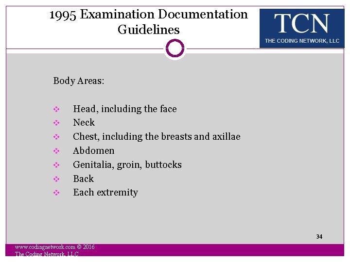 1995 Examination Documentation Guidelines Body Areas: v Head, including the face v Neck v