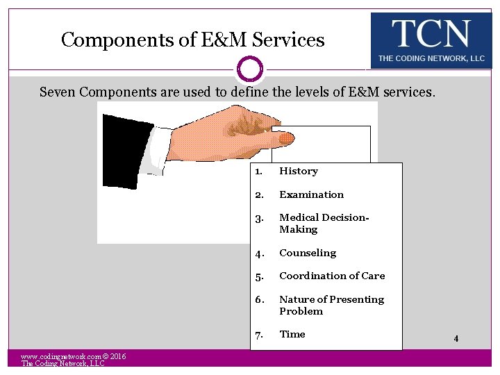 Components of E&M Services Seven Components are used to define the levels of E&M
