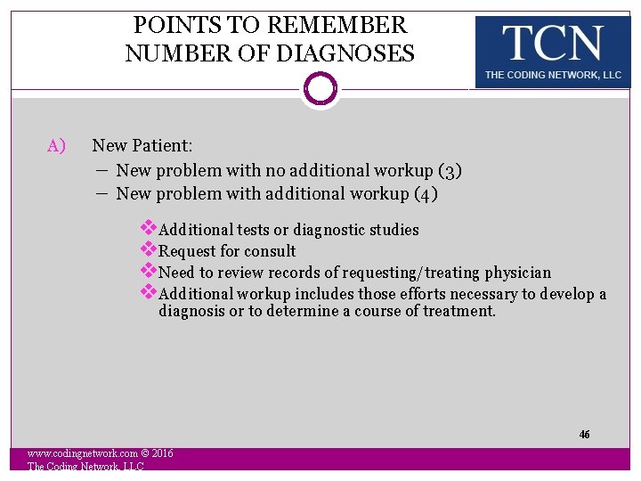 POINTS TO REMEMBER NUMBER OF DIAGNOSES A) New Patient: - New problem with no