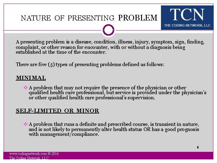  NATURE OF PRESENTING PROBLEM A presenting problem is a disease, condition, illness, injury,