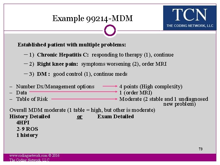 Example 99214 -MDM Established patient with multiple problems: - 1) Chronic Hepatitis C: responding