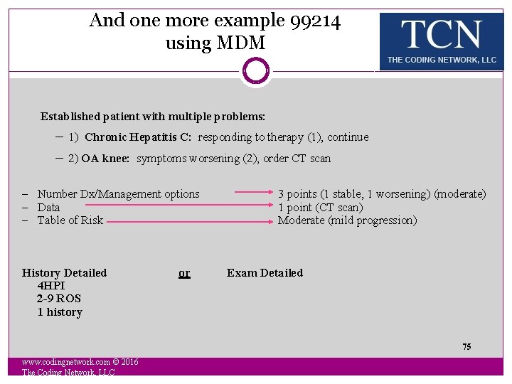 And one more example 99214 using MDM Established patient with multiple problems: - 1)