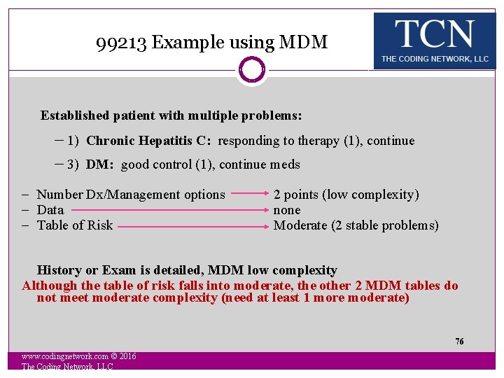 99213 Example using MDM Established patient with multiple problems: - 1) Chronic Hepatitis C: