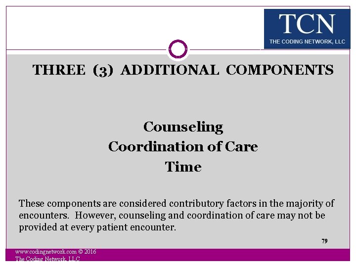 THREE (3) ADDITIONAL COMPONENTS Counseling Coordination of Care Time These components are considered contributory