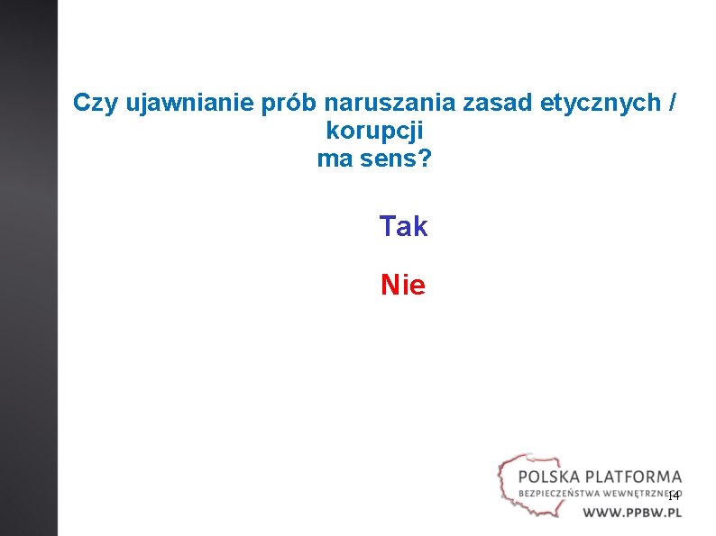 Czy ujawnianie prób naruszania zasad etycznych / korupcji ma sens? Tak Nie 14 