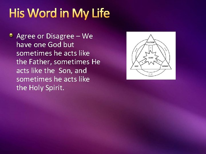 His Word in My Life Agree or Disagree – We have one God but