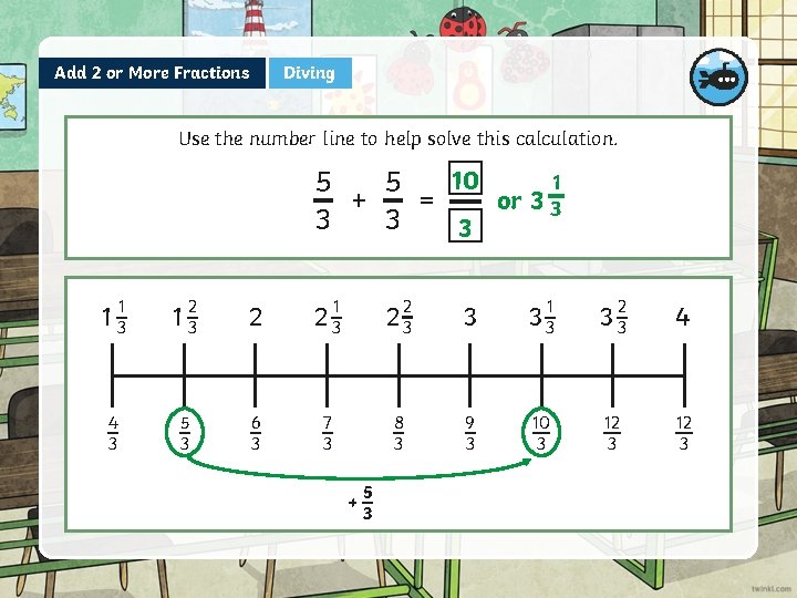 Add 2 or More Fractions Diving Use the number line to help solve this