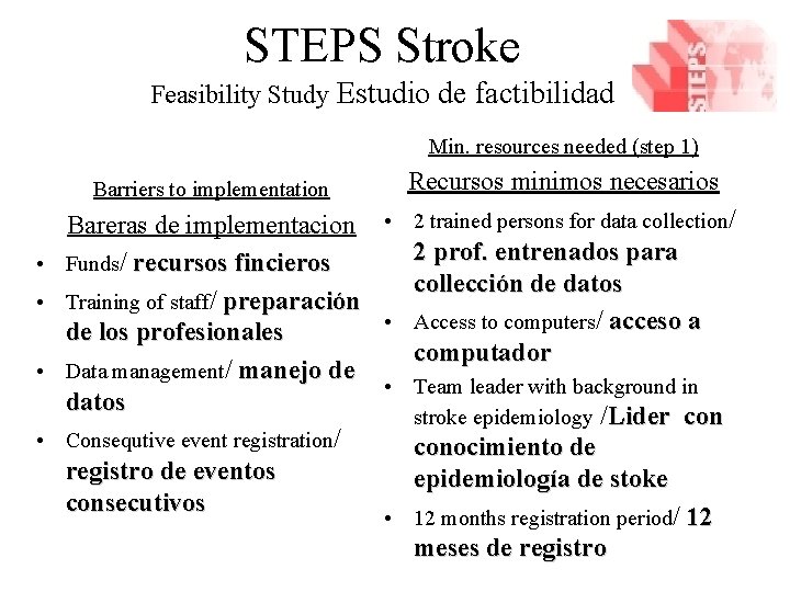 STEPS Stroke Feasibility Study Estudio de factibilidad Min. resources needed (step 1) • •