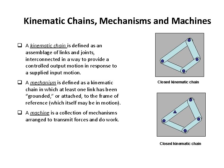 Kinematic Chains, Mechanisms and Machines q A kinematic chain is defined as an assemblage Kinematic Chains, Mechanisms and Machines q A kinematic chain is defined as an assemblage