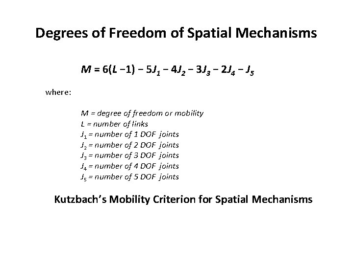 Degrees of Freedom of Spatial Mechanisms M = 6(L − 1) − 5 J Degrees of Freedom of Spatial Mechanisms M = 6(L − 1) − 5 J