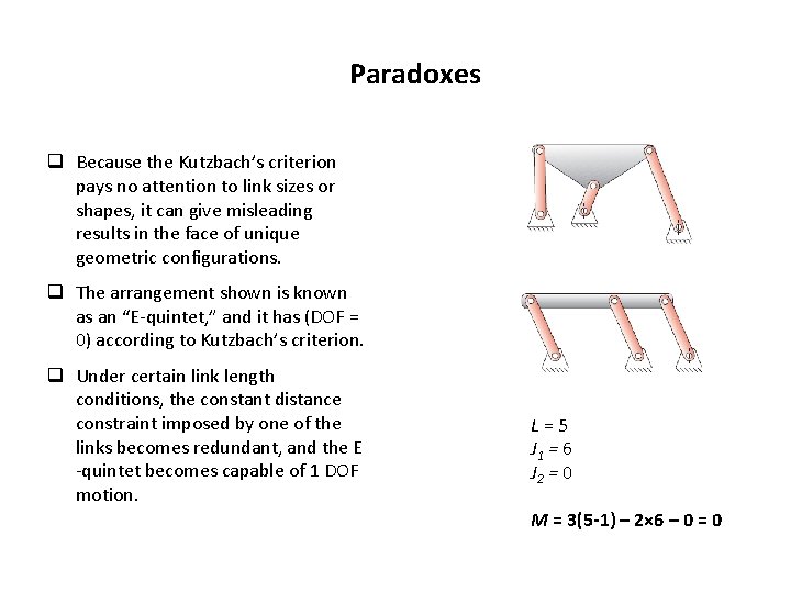 Paradoxes q Because the Kutzbach’s criterion pays no attention to link sizes or shapes, Paradoxes q Because the Kutzbach’s criterion pays no attention to link sizes or shapes,