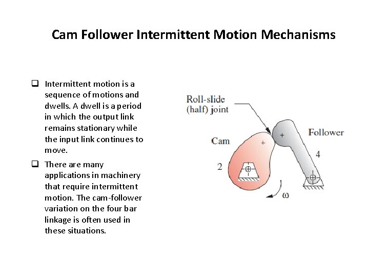 Cam Follower Intermittent Motion Mechanisms q Intermittent motion is a sequence of motions and Cam Follower Intermittent Motion Mechanisms q Intermittent motion is a sequence of motions and