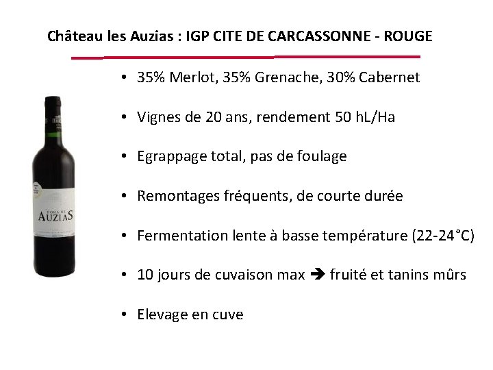 Château les Auzias : IGP CITE DE CARCASSONNE - ROUGE • 35% Merlot, 35%