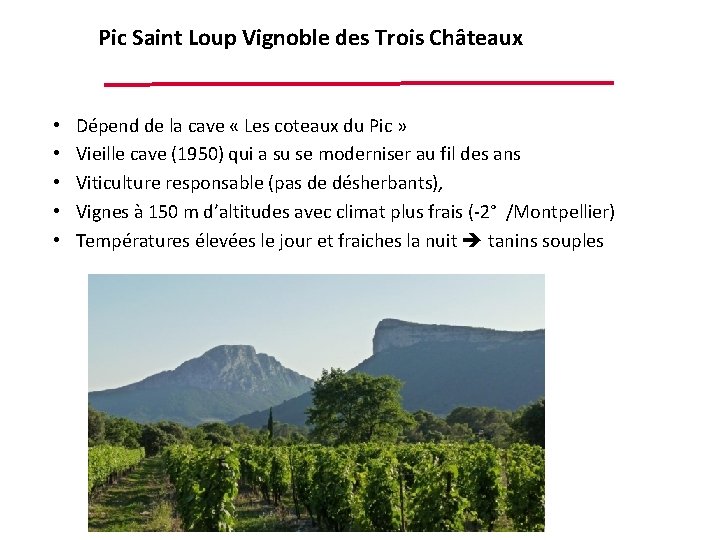 Pic Saint Loup Vignoble des Trois Châteaux • • • Dépend de la cave