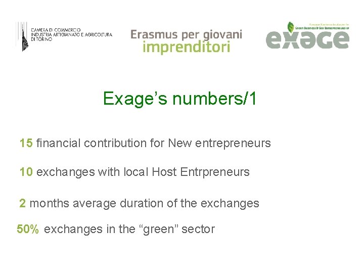 Exage’s numbers/1 15 financial contribution for New entrepreneurs 10 exchanges with local Host Entrpreneurs