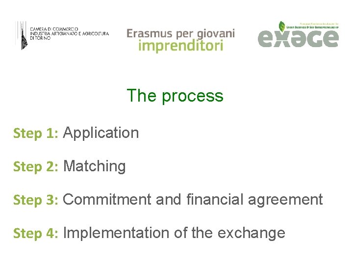 The process Step 1: Application Step 2: Matching Step 3: Commitment and financial agreement