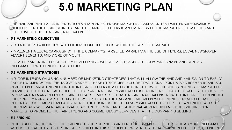5. 0 MARKETING PLAN • THE HAIR AND NAIL SALON INTENDS TO MAINTAIN AN