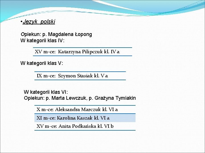  • Język polski Opiekun: p. Magdalena Łopong W kategorii klas IV: XV m-ce: