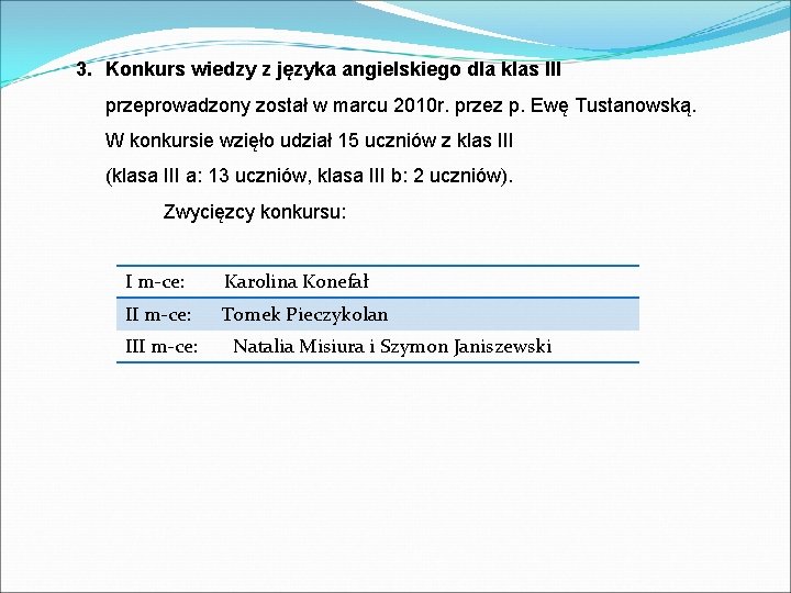 3. Konkurs wiedzy z języka angielskiego dla klas III przeprowadzony został w marcu 2010