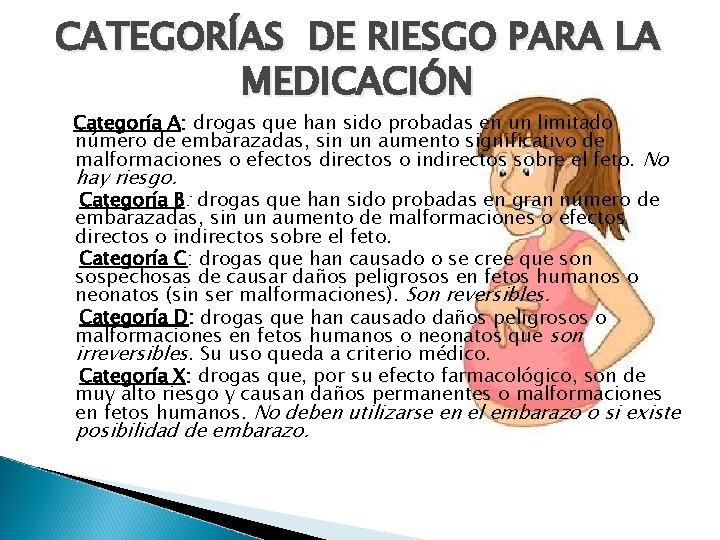 CATEGORÍAS DE RIESGO PARA LA MEDICACIÓN Categoría A: drogas que han sido probadas en