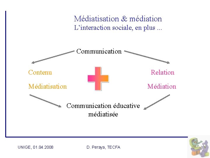  Médiatisation & médiation L’interaction sociale, en plus. . . Communication Contenu Relation Médiatisation