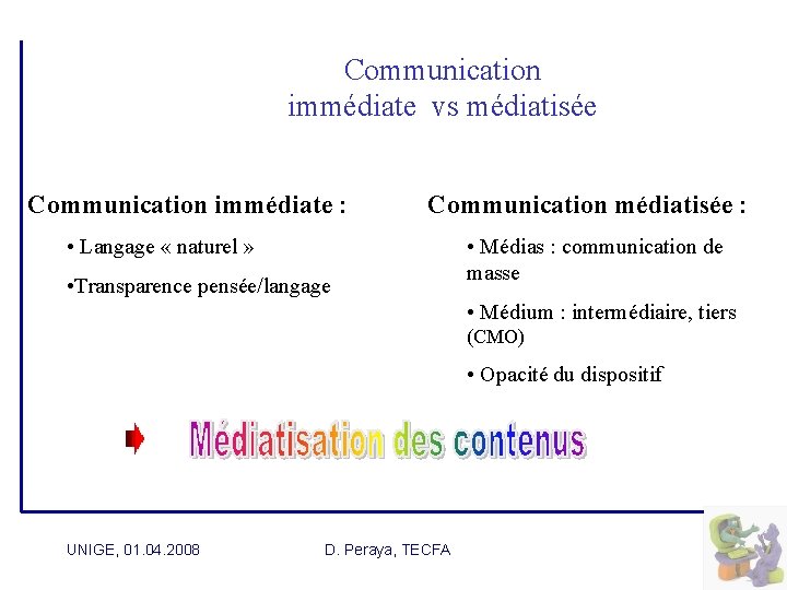  Communication immédiate vs médiatisée Communication immédiate : Communication médiatisée : • Langage «