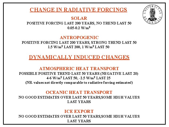 CHANGE IN RADIATIVE FORCINGS SOLAR POSITIVE FORCING LAST 200 YEARS, NO TREND LAST 50