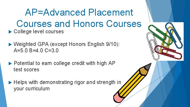 AP=Advanced Placement Courses and Honors Courses College level courses Weighted GPA (except Honors English