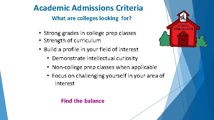 Academic Admissions Criteria What are colleges looking for? ? • Strong grades in college