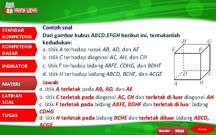 STANDAR KOMPETENSI DASAR INDIKATOR MATERI LATIHAN SOAL TUGAS Contoh soal Dari gambar kubus ABCD.