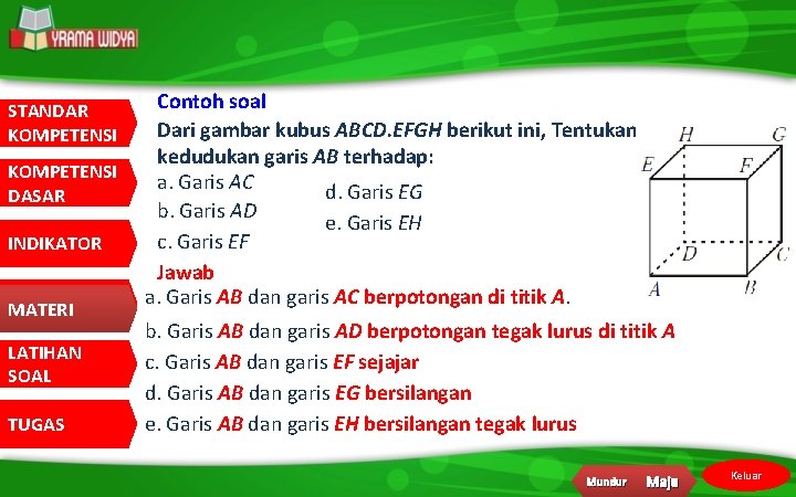 STANDAR KOMPETENSI DASAR INDIKATOR MATERI LATIHAN SOAL TUGAS Contoh soal Dari gambar kubus ABCD.