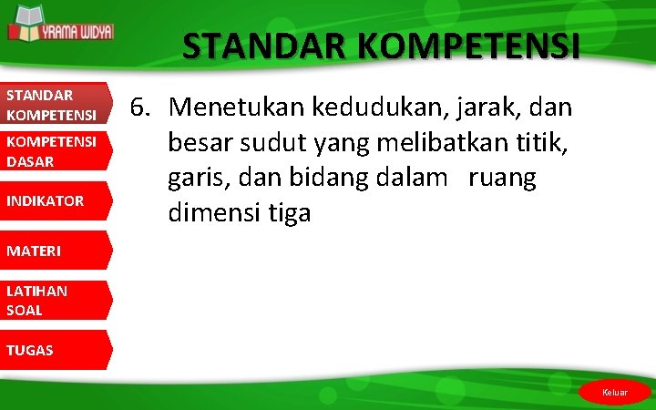 STANDAR KOMPETENSI KOMPETENSI DASAR INDIKATOR 6. Menetukan kedudukan, jarak, dan besar sudut yang melibatkan