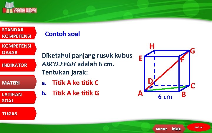 STANDAR KOMPETENSI DASAR INDIKATOR MATERI LATIHAN SOAL Contoh soal H Diketahui panjang rusuk kubus