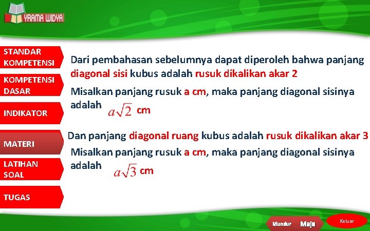 STANDAR KOMPETENSI DASAR INDIKATOR MATERI LATIHAN SOAL Dari pembahasan sebelumnya dapat diperoleh bahwa panjang